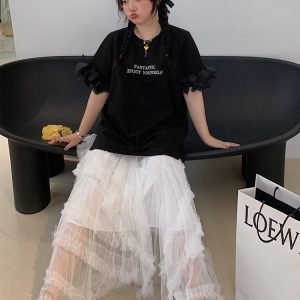 Plus Size Split Short Sleeve T-Shirt for Women - Trendy White Summer Top, Fashionable Niche Design for 2025