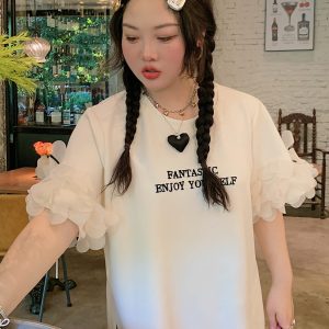 Plus Size Split Short Sleeve T-Shirt for Women - Trendy White Summer Top, Fashionable Niche Design for 2025
