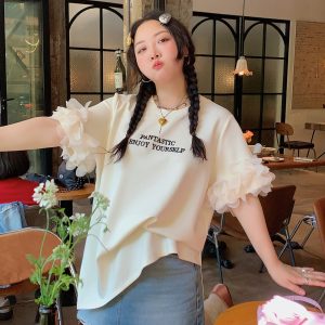 Plus Size Split Short Sleeve T-Shirt for Women - Trendy White Summer Top, Fashionable Niche Design for 2025