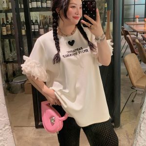 Plus Size Split Short Sleeve T-Shirt for Women - Trendy White Summer Top, Fashionable Niche Design for 2025