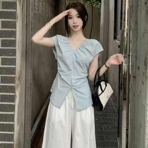Plus Size Split V-Neck Short Sleeve Shirt for Women - Summer French Style, Waist-Cinching Pleated Elegant Top