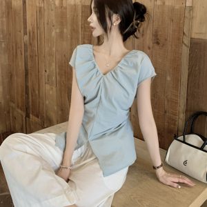 Plus Size Split V-Neck Short Sleeve Shirt for Women - Summer French Style, Waist-Cinching Pleated Elegant Top