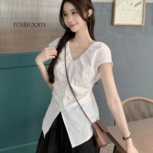 Plus Size Split V-Neck Short Sleeve Shirt for Women - Summer French Style, Waist-Cinching Pleated Elegant Top