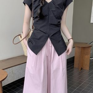 Plus Size Split V-Neck Short Sleeve Shirt for Women - Summer French Style, Waist-Cinching Pleated Elegant Top