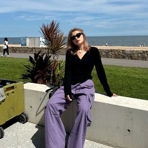 Plus Size Street Style Purple Cargo Pants for Autumn, Loose Paratrooper Design for Outdoor Climbing, Fashionable 2024 Look