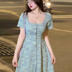 Plus-Size Striped Bodycon Dress for Summer, Square Neck, Flattering Fit, Dopamine Outfit, Perfect for Curvy Figures