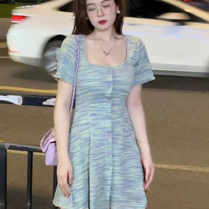 Plus-Size Striped Bodycon Dress for Summer, Square Neck, Flattering Fit, Dopamine Outfit, Perfect for Curvy Figures