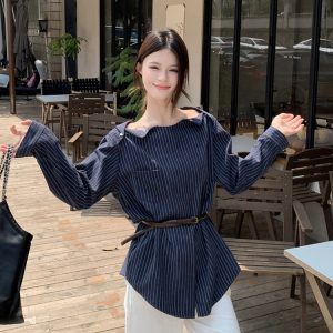 Plus Size Striped One-Shoulder Long Sleeve Shirt for Women, Autumn French Style, Loose Fit, Flattering High-End Quality Top
