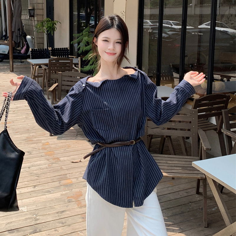 Plus Size Striped One-Shoulder Long Sleeve Shirt for Women, Autumn French Style, Loose Fit, Flattering High-End Quality Top