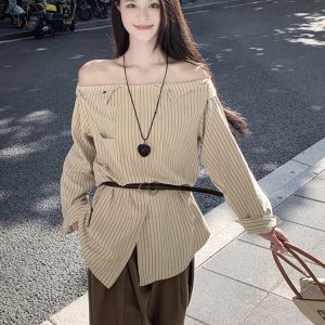 Plus Size Striped One-Shoulder Long Sleeve Shirt for Women, Autumn French Style, Loose Fit, Flattering High-End Quality Top