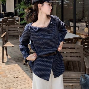Plus Size Striped One-Shoulder Long Sleeve Shirt for Women, Autumn French Style, Loose Fit, Flattering High-End Quality Top