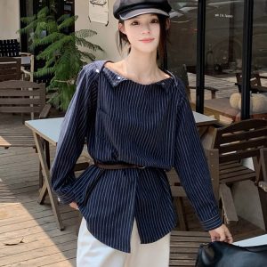 Plus Size Striped One-Shoulder Long Sleeve Shirt for Women, Autumn French Style, Loose Fit, Flattering High-End Quality Top