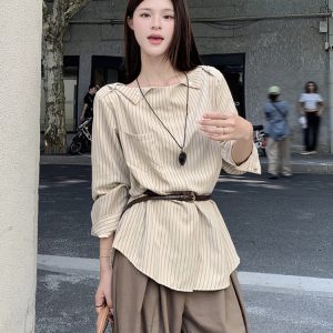 Plus Size Striped One-Shoulder Long Sleeve Shirt for Women, Autumn French Style, Loose Fit, Flattering High-End Quality Top