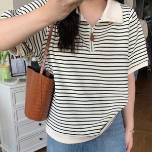 Plus Size Striped Polo Shirt for Women - Summer Lapel Top, Flattering Loose Fit, Shoulder-Reducing, Age-Defying Style
