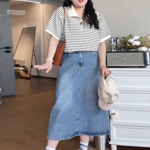 Plus Size Striped Polo Shirt for Women - Summer Lapel Top, Flattering Loose Fit, Shoulder-Reducing, Age-Defying Style