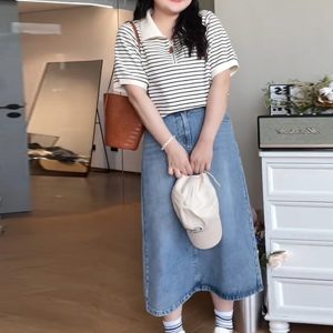 Plus Size Striped Polo Shirt for Women - Summer Lapel Top, Flattering Loose Fit, Shoulder-Reducing, Age-Defying Style