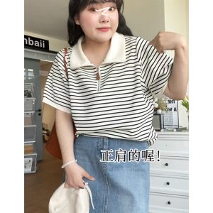 Plus Size Striped Polo Shirt for Women - Summer Lapel Top, Flattering Loose Fit, Shoulder-Reducing, Age-Defying Style