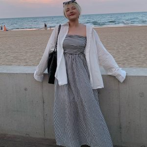 Plus Size Striped Strapless Dress for Curvy Figures - Gentle Temperament Beach Vacation Style, Super Stylish Summer Dress