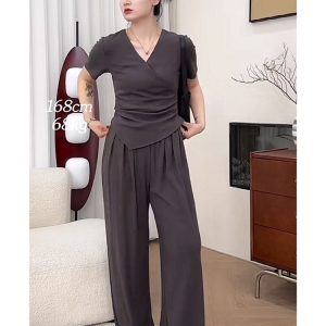 Plus Size Summer Casual Set for Women - Slimming Waist Short Sleeve T-Shirt and Wide Leg Pants - Trendy Lightweight Outfit