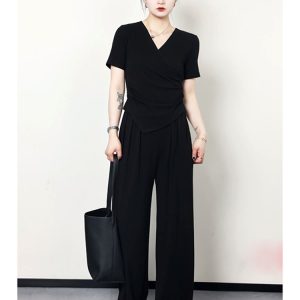 Plus Size Summer Casual Set for Women - Slimming Waist Short Sleeve T-Shirt and Wide Leg Pants - Trendy Lightweight Outfit