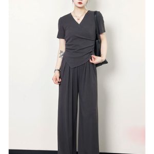 Plus Size Summer Casual Set for Women - Slimming Waist Short Sleeve T-Shirt and Wide Leg Pants - Trendy Lightweight Outfit