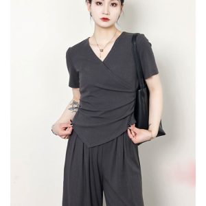 Plus Size Summer Casual Set for Women - Slimming Waist Short Sleeve T-Shirt and Wide Leg Pants - Trendy Lightweight Outfit