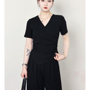 Plus Size Summer Casual Set for Women - Slimming Waist Short Sleeve T-Shirt and Wide Leg Pants - Trendy Lightweight Outfit