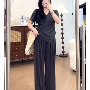 Plus Size Summer Casual Two-Piece Set for Women - Flattering Top & Wide-Leg Pants - Comfortable Relaxed Outfit