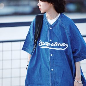 Plus Size Summer Denim Shirt for Women - Loose Fit Short Sleeve Retro Street Style Top