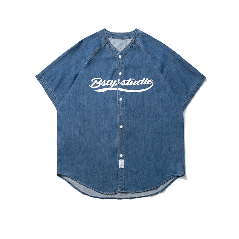 Plus Size Summer Denim Shirt for Women - Loose Fit Short Sleeve Retro Street Style Top