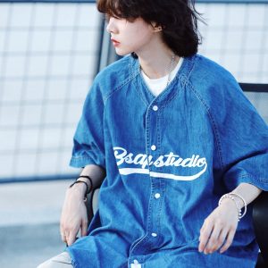 Plus Size Summer Denim Shirt for Women - Loose Fit Short Sleeve Retro Street Style Top