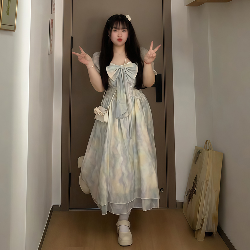 Plus-Size Summer Floral Water Wave Dress for Women, French Style Flattering Waist Fairy Dress, Elegant Blue 90s Inspired Fashion