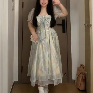 Plus-Size Summer Floral Water Wave Dress for Women, French Style Flattering Waist Fairy Dress, Elegant Blue 90s Inspired Fashion