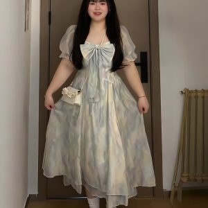 Plus-Size Summer Floral Water Wave Dress for Women, French Style Flattering Waist Fairy Dress, Elegant Blue 90s Inspired Fashion