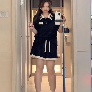 Plus Size Summer Leisure Sports Outfit for Women, Slimming Polo Collar Top and Shorts, Youthful Fashionable Two-Piece Set