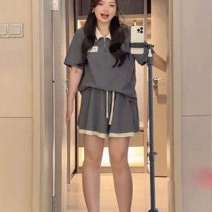 Plus Size Summer Leisure Sports Outfit for Women, Slimming Polo Collar Top and Shorts, Youthful Fashionable Two-Piece Set