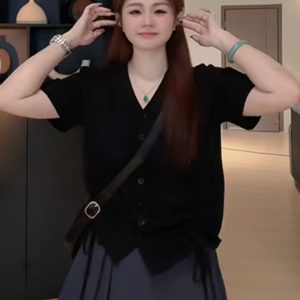 Plus Size Summer Niche Top with Shoulder Drawstring, Loose Fit V-Neck Short Sleeve T-Shirt for Curvy Women, Flattering Style