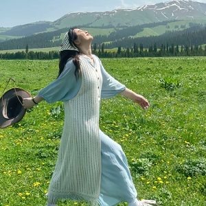 Plus-Size Summer Vacation Two-Piece Set with Tassel Skirt and Hollow-Out Cover-Up Dress - Loose Layered Style for Travel