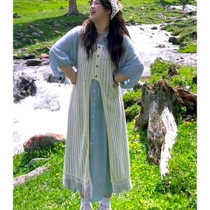Plus-Size Summer Vacation Two-Piece Set with Tassel Skirt and Hollow-Out Cover-Up Dress - Loose Layered Style for Travel