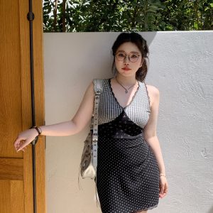 Plus Size Sweetheart Plaid Splicing Floral Cardigan and Vest Dress Set - Sweet and Spicy Style for 90s and Y2K Fashion