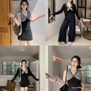 Plus Size Sweetheart Plaid Splicing Floral Cardigan and Vest Dress Set - Sweet and Spicy Style for 90s and Y2K Fashion