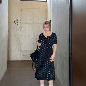 Plus Size Two-Color Bowknot Polka Dot Ruffled Long Bodycon Dress - Sweet and Spicy Pleated Style for Chic 90s Vibes