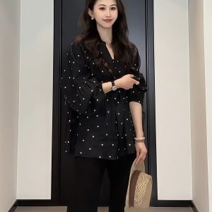 Plus-Size V-Neck Black Polka Dot Lantern Sleeve Shirt for Women - Stylish Spring Summer Top, Flattering Fit