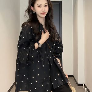 Plus-Size V-Neck Black Polka Dot Lantern Sleeve Shirt for Women - Stylish Spring Summer Top, Flattering Fit