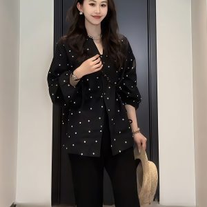 Plus-Size V-Neck Black Polka Dot Lantern Sleeve Shirt for Women - Stylish Spring Summer Top, Flattering Fit