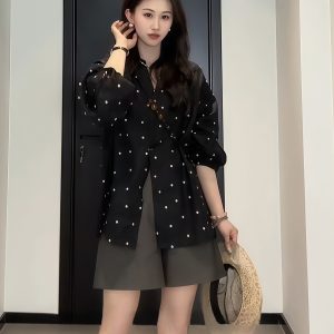 Plus-Size V-Neck Black Polka Dot Lantern Sleeve Shirt for Women - Stylish Spring Summer Top, Flattering Fit