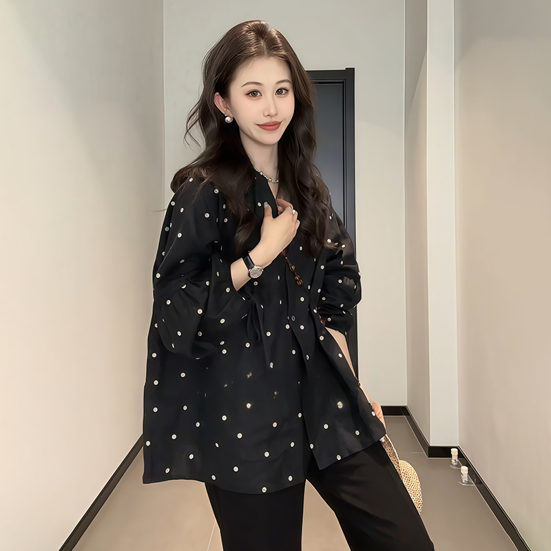 Plus-Size V-Neck Black Polka Dot Lantern Sleeve Shirt for Women - Stylish Spring Summer Top, Flattering Fit