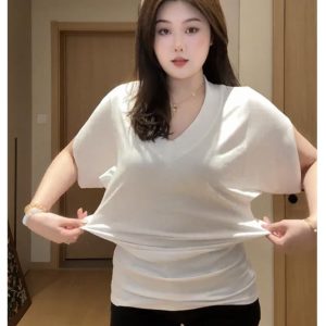 Plus-Size V-Neck Short Sleeve T-Shirt for Women, Flattering Batwing Sleeve Top, Unique Summer Style, Chic and Comfortable