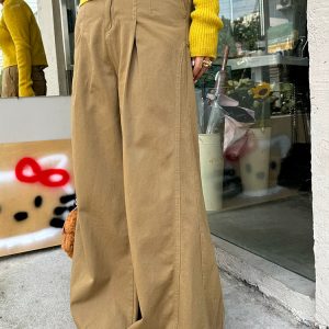 Plus Size Vintage American High Waist Wide Leg Jeans for Women, Autumn Winter Leaf Yellow Flared Workwear Pants