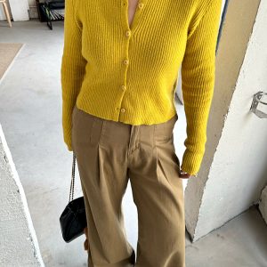 Plus Size Vintage American High Waist Wide Leg Jeans for Women, Autumn Winter Leaf Yellow Flared Workwear Pants